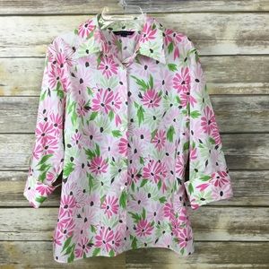 LANDS END  3/4 Sleeve Full Button Floral Blouse